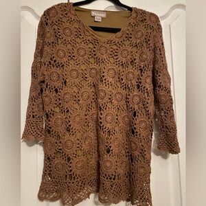 TanJay Crochet Lace Brown Metallic Top